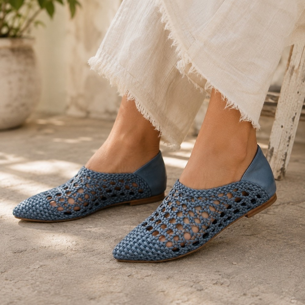 NWOB Bibi Lou Satin Serenade Woven Flat Shoes 37 US 6.5 Sky Blue Pointed Toe